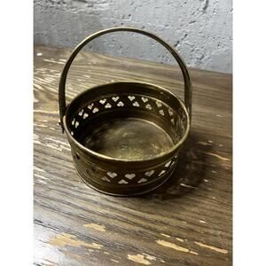 Vintage funky patina brass handled basket~punched metal tiny hearts~7 1/2”